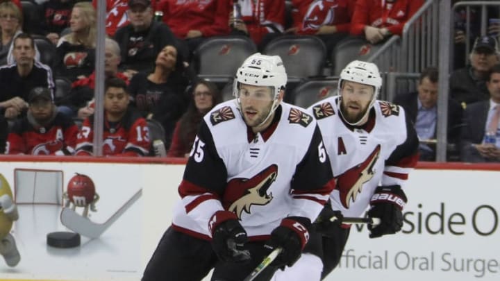 NEWARK, NEW JERSEY - OCTOBER 25: Jason Demers #55 of the Arizona Coyotes skates against the New Jersey Devils at the Prudential Center on October 25, 2019 in Newark, New Jersey. The Coyotes defeated the Devils 5-3. (Photo by Bruce Bennett/Getty Images)