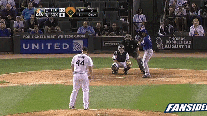 Adam Dunn pitches, nearly hits Elvis Andrus (GIF)