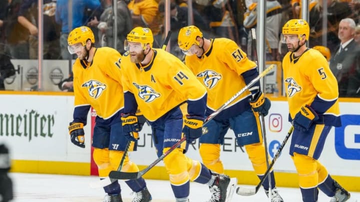 NASHVILLE, TN - OCTOBER 22: Mattias Ekholm #14 of the Nashville Predators celebrates his short-handed goal against the Anaheim Ducks at Bridgestone Arena on October 22, 2019 in Nashville, Tennessee. (Photo by John Russell/NHLI via Getty Images)