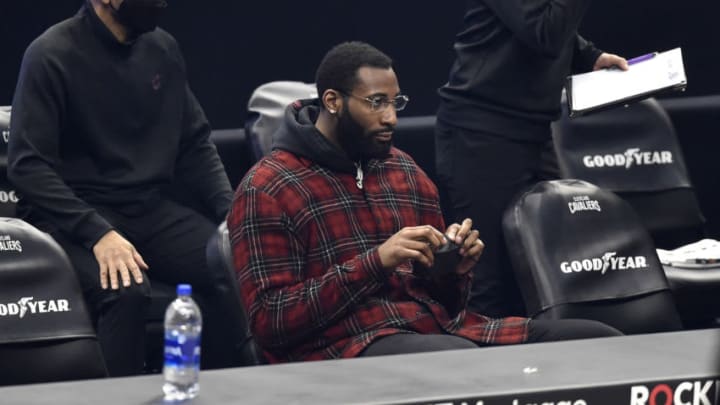 Feb 19, 2021; Cleveland, Ohio, USA; Cleveland Cavaliers center Andre Drummond (3) sits on the bench before a game against the Denver Nuggets in the first quarter at Rocket Mortgage FieldHouse. Mandatory Credit: David Richard-USA TODAY Sports