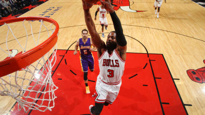 CHICAGO, IL - NOVEMBER 30: Dwyane Wade #3 of the Chicago Bulls goes up for a dunk during a game against the Los Angeles Lakers on November 30, 2016 at the United Center in Chicago, Illinois. NOTE TO USER: User expressly acknowledges and agrees that, by downloading and/or using this photograph, user is consenting to the terms and conditions of the Getty Images License Agreement. Mandatory Copyright Notice: Copyright 2016 NBAE (Photo by Gary Dineen/NBAE via Getty Images)