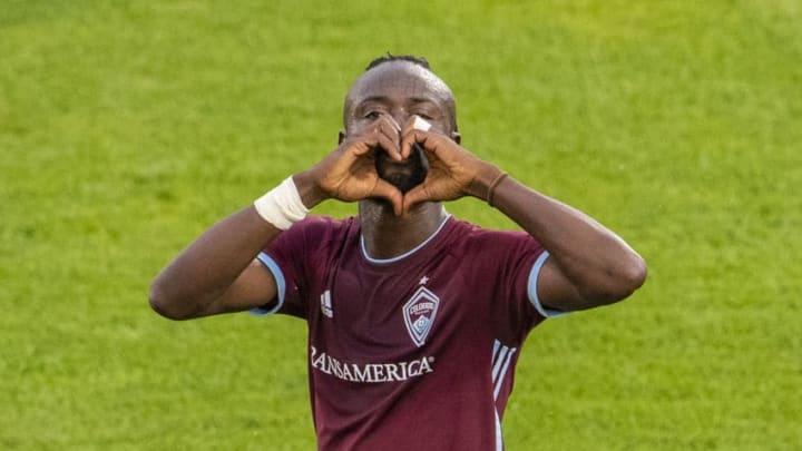 COMMERCE CITY, CO - AUGUST 03: Kei Kamara #23 of the Colorado Rapids gestures to fans following a goal during the first half against the Montreal Impact at Dick's Sporting Goods Park on August 3, 2019 in Commerce City, Colorado. (Photo by Timothy Nwachukwu/Getty Images)