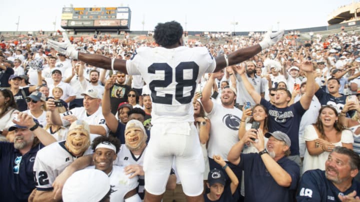 AUBURN, ALABAMA - SEPTEMBER 17: Defensive tackle Zane Durant #28 of the Penn State Nittany Lions celebrates with fans after defeating the Auburn Tigers at Jordan-Hare Stadium on September 17, 2022 in Auburn, Alabama. (Photo by Michael Chang/Getty Images)
