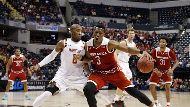 Mar 11, 2016; Indianapolis, IN, USA; Nebraska Cornhuskers guard Andrew White III (3) drives to the basket against Maryland Terrapins guard Rasheed Sulaimon (0) during the Big Ten Conference tournament at Bankers Life Fieldhouse. Mandatory Credit: Brian Spurlock-USA TODAY Sports