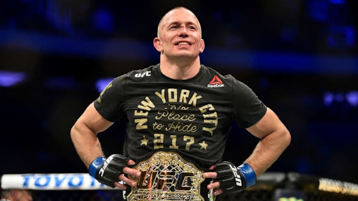 NEW YORK, NY - NOVEMBER 04: Georges St-Pierre of Canada celebrates after defeating Michael Bisping of England in their UFC middleweight championship bout during the UFC 217 event inside Madison Square Garden on November 4, 2017 in New York City. (Photo by Jeff Bottari/Zuffa LLC/Zuffa LLC via Getty Images)