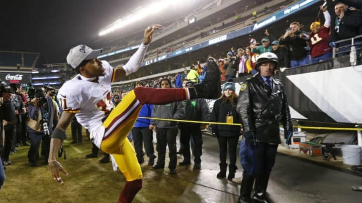 PHILADELPHIA, PA - DECEMBER 26: DeSean Jackson #11 of the Washington Redskins celebrates a 38-24 win over the Philadelphia Eagles in a football game at Lincoln Financial Field on December 26, 2015 in Philadelphia, Pennsylvania. (Photo by Rich Schultz /Getty Images)