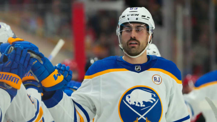 Nov 7, 2023; Raleigh, North Carolina, USA; Buffalo Sabres right wing Alex Tuch (89) celebrates a goal against the Carolina Hurricanes during the third period at PNC Arena. Mandatory Credit: James Guillory-USA TODAY Sports