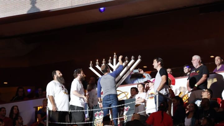 Dec 13, 2015; Miami, FL, USA; A menorah is lit on the seventh day of Hanukkah during a game between the Memphis Grizzlies and the Miami Heat in first half at American Airlines Arena. Mandatory Credit: Steve Mitchell-USA TODAY Sports