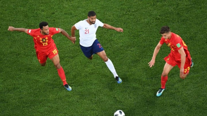 England's midfielder Ruben Loftus-Cheek (C) vies for the ball with Belgium's midfielder Moussa Dembele (L) and Belgium's midfielder Leander Dendoncker during the Russia 2018 World Cup Group G football match between England and Belgium at the Kaliningrad Stadium in Kaliningrad on June 28, 2018. (Photo by Kirill KUDRYAVTSEV / AFP) / RESTRICTED TO EDITORIAL USE - NO MOBILE PUSH ALERTS/DOWNLOADS (Photo credit should read KIRILL KUDRYAVTSEV/AFP/Getty Images)