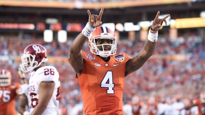 Dec 31, 2015; Miami Gardens, FL, USA; Clemson Tigers quarterback Deshaun Watson (4) reacts after scoring a touchdown against the Oklahoma Sooners in the second quarter of the 2015 CFP Semifinal at the Orange Bowl at Sun Life Stadium. Mandatory Credit: John David Mercer-USA TODAY Sports