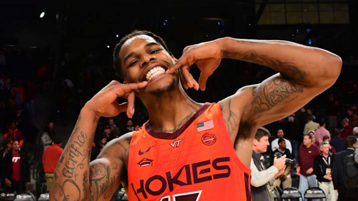 ATLANTA, GA - JANUARY 9: Ahmed Hill #13 of the Virginia Tech Hokies celebrates after the game against the Georgia Tech Yellow Jackets at McCamish Pivilion on January 9, 2019 in Atlanta, Georgia. (Photo by Scott Cunningham/Getty Images)