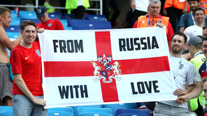 NIZHNY NOVGOROD, RUSSIA - JUNE 24: England fans celebrate victory following the 2018 FIFA World Cup Russia group G match between England and Panama at Nizhny Novgorod Stadium on June 24, 2018 in Nizhny Novgorod, Russia. (Photo by Alex Morton/Getty Images)