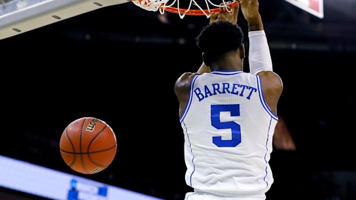 COLUMBIA, SOUTH CAROLINA – MARCH 22: RJ Barrett #5 of the Duke Blue Devils dunks the ball against the North Dakota State Bison in the second half during the first round of the 2019 NCAA Men’s Basketball Tournament at Colonial Life Arena on March 22, 2019 in Columbia, South Carolina. (Photo by Kevin C. Cox/Getty Images)