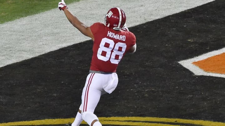 Jan 9, 2017; Tampa, FL, USA; Alabama Crimson Tide tight end O.J. Howard (88) scores a touchdown against the Clemson Tigers in the third quarter in the 2017 College Football Playoff National Championship Game at Raymond James Stadium. Mandatory Credit: Jasen Vinlove-USA TODAY Sports