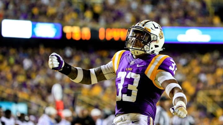 Oct 15, 2016; Baton Rouge, LA, USA; LSU Tigers safety Jamal Adams (33) celebrates after picking up a fumble during the third quarter of a game against the Southern Miss Golden Eagles at Tiger Stadium. Mandatory Credit: Derick E. Hingle-USA TODAY Sports