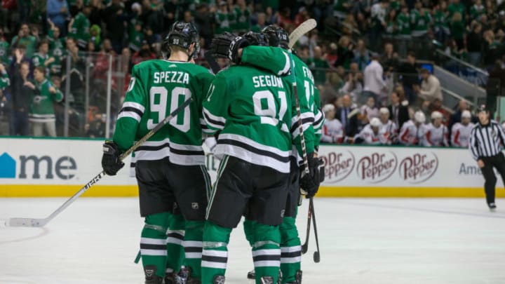 DALLAS, TX - JANUARY 04: Dallas Stars center Tyler Seguin (91) celebrates scoring a goal with his teammates during the game between the Dallas Stars and the Washington Capitals on January 4, 2019 at the American Airlines Center in Dallas, Texas. (Photo by Matthew Pearce/Icon Sportswire via Getty Images)