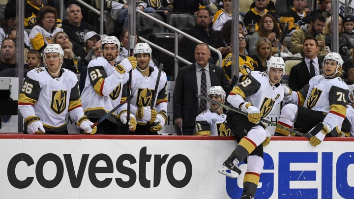 PITTSBURGH, PA – OCTOBER 19: Vegas Golden Knight head coach Gerard Gallant watches from the bench during the third period in the NHL game between the Pittsburgh Penguins and the Vegas Golden Knights on October 19, 2019, at PPG Paints Arena in Pittsburgh, PA. (Photo by Jeanine Leech/Icon Sportswire via Getty Images)