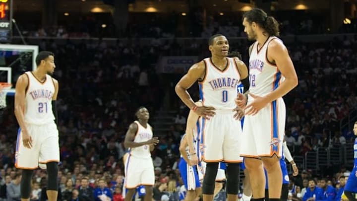 Oct 26, 2016; Philadelphia, PA, USA; Oklahoma City Thunder guard Russell Westbrook (0) talks with center Steven Adams (12) during a break in the second half Philadelphia 76ers at Wells Fargo Center. The Oklahoma City Thunder won 103-97. Mandatory Credit: Bill Streicher-USA TODAY Sports