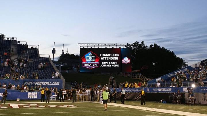 Aug 7, 2016; Canton, OH, USA; A general view as fans leave the 2016 Hall of Fame Game at Tom Benson Hall of Fame Stadium. The game was cancelled due to safety concerns with the condition of the playing surface. Mandatory Credit: Aaron Doster-USA TODAY Sports
