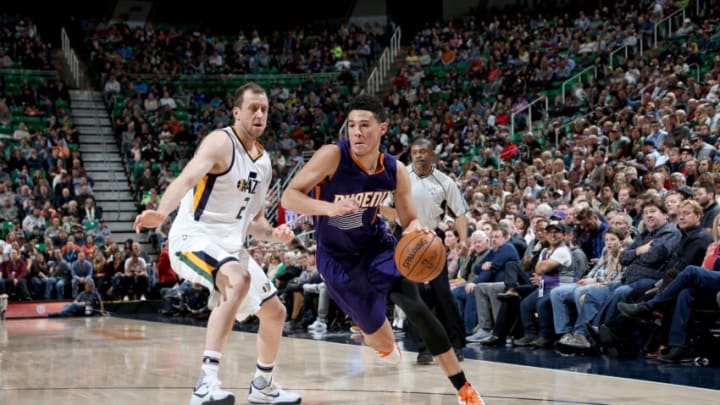 SALT LAKE CITY, UT - DECEMBER 6: Devin Booker #1 of the Phoenix Suns goes to the basket against the Utah Jazz on December 6, 2016 at vivint.SmartHome Arena in Salt Lake City, Utah. Copyright 2016 NBAE (Photo by Melissa Majchrzak/NBAE via Getty Images)