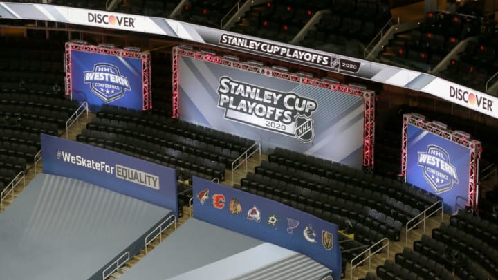 EDMONTON, ALBERTA - AUGUST 12: A general view of the signs during the third period in Game One of the Western Conference First Round between the Arizona Coyotes and the Colorado Avalanche during the 2020 NHL Stanley Cup Playoffs at Rogers Place on August 12, 2020 in Edmonton, Alberta, Canada. (Photo by Jeff Vinnick/Getty Images)