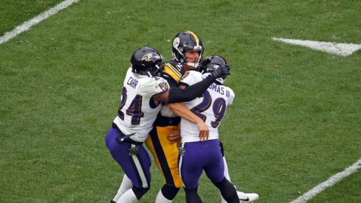 PITTSBURGH, PA – OCTOBER 06: Mason Rudolph #2 of the Pittsburgh Steelers is injured on the play between Earl Thomas #29 and Brandon Carr #24 of the Baltimore Ravens on October 6, 2019 at Heinz Field in Pittsburgh, Pennsylvania. (Photo by Justin K. Aller/Getty Images)