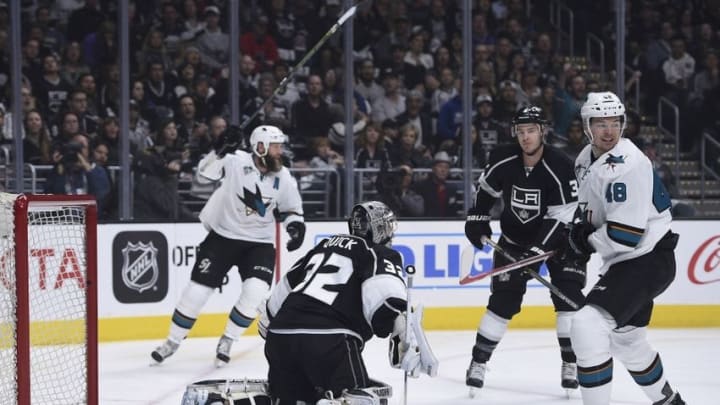 Apr 16, 2016; Los Angeles, CA, USA; Los Angeles Kings goalie Jonathan Quick (32) reacts after allowing a goal by San Jose Sharks center Joe Pavelski (not pictured) during the first period in game two of the first round of the 2016 Stanley Cup Playoffs at Staples Center. Mandatory Credit: Kelvin Kuo-USA TODAY Sports