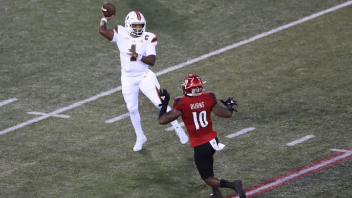 LOUISVILLE, KENTUCKY - SEPTEMBER 19: D' Eriq King #1 of the Miami Hurricanes passes the ball against the Louisville Cardinals at Cardinal Stadium on September 19, 2020 in Louisville, Kentucky. (Photo by Andy Lyons/Getty Images)