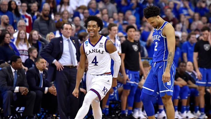 It was pure joy for Kansas’ Devonte’ Graham in knocking Duke out of the NCAA Tournament with the overtime win, 85-81, on March 25, 2018, in Omaha, Neb. (Rich Sugg/Kansas City Star/TNS via Getty Images)