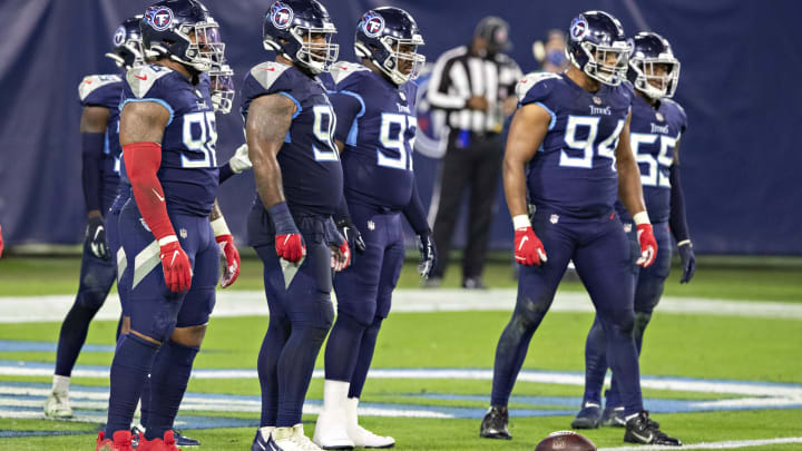 NASHVILLE, TN – NOVEMBER 12: Defensive line of the Tennessee Titans at the one yard line during a game against the Indianapolis Colts at Nissan Stadium on November 12, 2020 in Nashville, Tennessee. The Colts defeated the Titans 34-17. (Photo by Wesley Hitt/Getty Images)