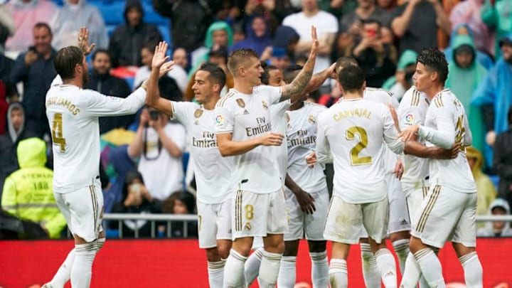 MADRID, SPAIN - SEPTEMBER 14: Karim Benzema of Real Madrid celebrates after scoring his team's second goal during the La Liga match between Real Madrid CF and Levante UD at Estadio Santiago Bernabeu on September 14, 2019 in Madrid, Spain. (Photo by Quality Sport Images/Getty Images) MADRID, SPAIN - SEPTEMBER 14: Karim Benzema of Real Madrid celebrates after scoring his team's second goal during the La Liga match between Real Madrid CF and Levante UD at Estadio Santiago Bernabeu on September 14, 2019 in Madrid, Spain. (Photo by Quality Sport Images/Getty Images)