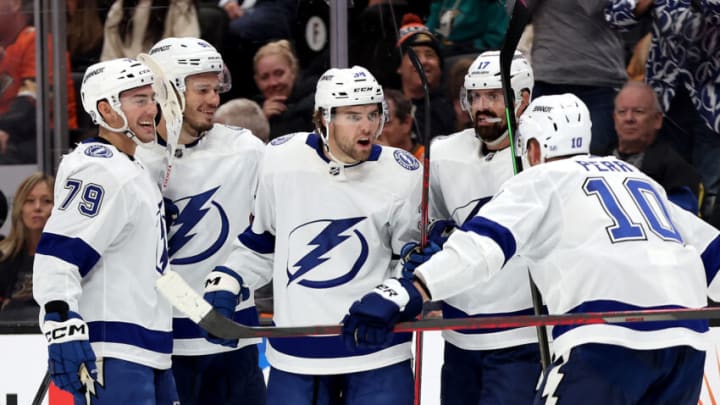 Corey Perry #10, Ross Colton #79, Mikhail Sergachev #98, and Alex Killorn #17, Brayden Hagel #38, Tampa Bay Lightning. (Photo by Sean M. Haffey/Getty Images)