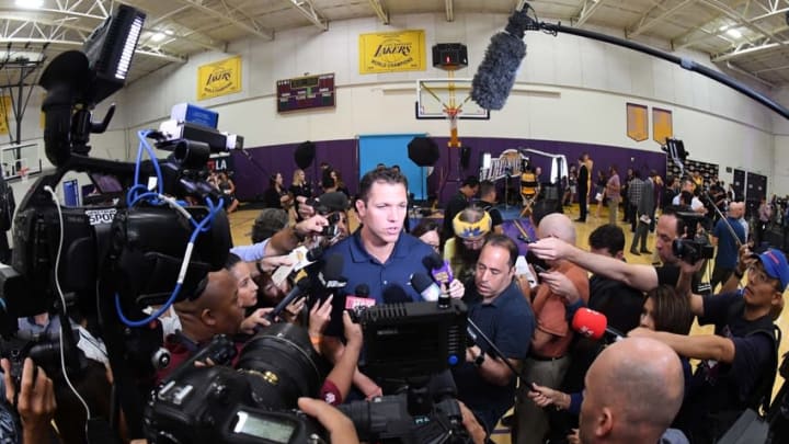 Sep 26, 2016; Los Angeles, CA, USA; Los Angeles Lakers coach Luke Walton is interviewed by reporters at media day at Toyota Sports Center.. Mandatory Credit: Kirby Lee-USA TODAY Sports