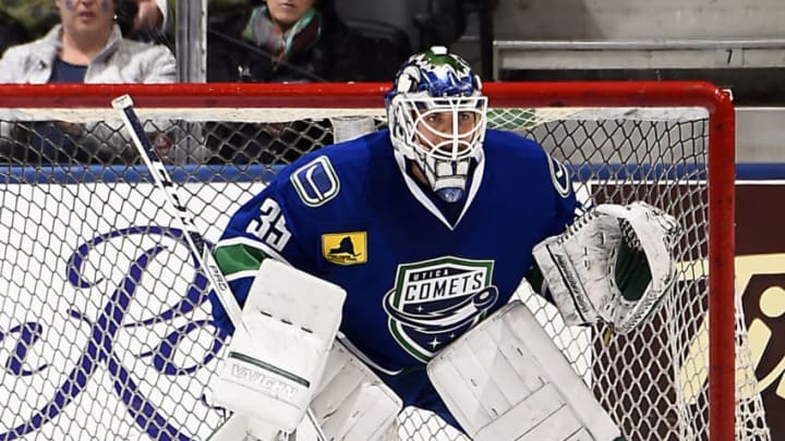 TORONTO, ON - NOVEMBER 26: Michael Garteig #35 of the Utica Comets prepares for a shot against the Toronto Marlies during game action on November 26, 2016 at Air Canada Centre in Toronto, Ontario, Canada. (Photo by Graig Abel/Getty Images)