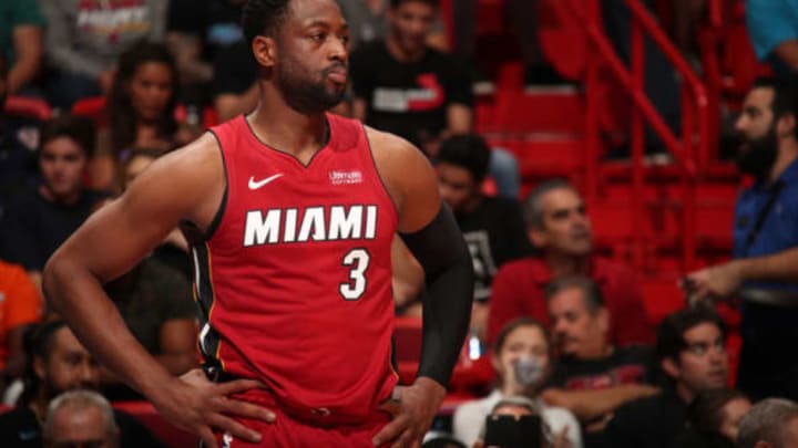 MIAMI, FL – DECEMBER 2: Dwyane Wade #3 of the Miami Heat looks on during a game against the Utah Jazz on December 2, 2018 at American Airlines Arena in Miami, Florida. NOTE TO USER: User expressly acknowledges and agrees that, by downloading and or using this Photograph, user is consenting to the terms and conditions of the Getty Images License Agreement. Mandatory Copyright Notice: Copyright 2018 NBAE (Photo by Issac Baldizon/NBAE via Getty Images)