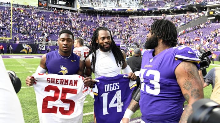 MINNEAPOLIS, MN - SEPTEMBER 09: Stefon Diggs #14 of the Minnesota Vikings and Richard Sherman #25 of the San Francisco 49ers pose for a photo after the game at U.S. Bank Stadium on September 9, 2018 in Minneapolis, Minnesota. The Vikings defeated the 49ers 24-16. (Photo by Hannah Foslien/Getty Images)