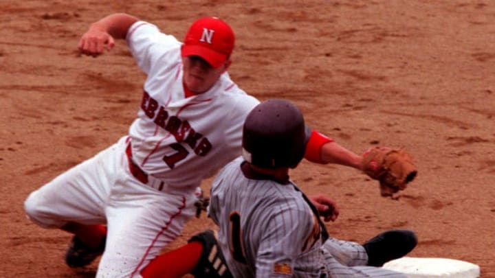 MINNEAPOLIS, MN MAY 28, 2000 -- Gophers vs. Nebraska baseball tourney -- Nebraska's Will Bolt puts the tag on Minnesota's Mike Arlt as Arlt slides into second in thrid inning action at Siebert field. Arlt was called out on the play.(Photo By MARLIN LEVISON/Star Tribune via Getty Images)