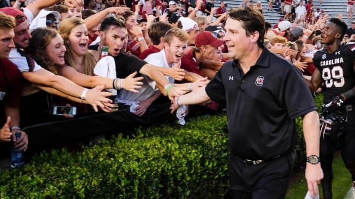 Sep 17, 2016; Columbia, SC, USA; South Carolina Gamecocks head coach Will Muschamp greets students after the game against the East Carolina Pirates at Williams-Brice Stadium. South Carolina wins 20-15 over ECU. Mandatory Credit: Jim Dedmon-USA TODAY Sports