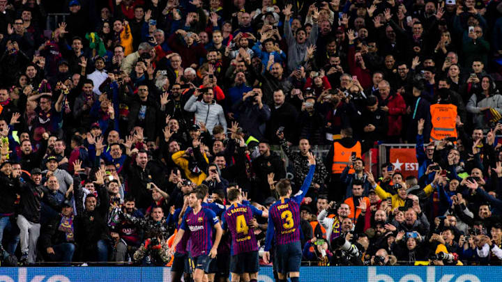 03 Gerard Pique from Spain of FC Barcelona celebrating the five goals with his hand during the Spanish championship La Liga football match "El Classico" between FC Barcelona and Real Sociedad on October 28, 2018 at Camp Nou stadium in Barcelona, Spain. (Photo by Xavier Bonilla/NurPhoto via Getty Images)