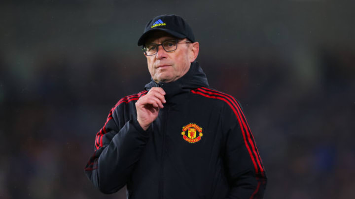 BURNLEY, ENGLAND - FEBRUARY 08: Ralf Rangnick, manager of Manchester United, looks on during the Premier League match between Burnley and Manchester United at Turf Moor on February 08, 2022 in Burnley, England. (Photo by James Gill - Danehouse/Getty Images)
