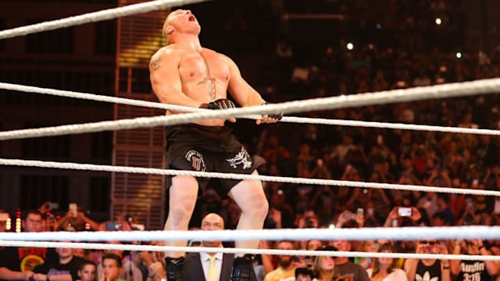 NEW YORK, NY - AUGUST 23: Brock Lesnar enters the ring at the WWE SummerSlam 2015 at Barclays Center of Brooklyn on August 23, 2015 in New York City. (Photo by JP Yim/Getty Images)