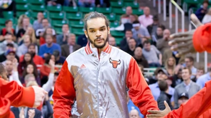 Nov 24, 2014; Salt Lake City, UT, USA; Chicago Bulls center Joakim Noah (13) is introduced prior to the game against the Utah Jazz at EnergySolutions Arena. Chicago won 97-95. Mandatory Credit: Russ Isabella-USA TODAY Sports