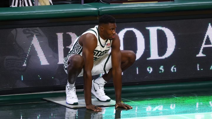 EAST LANSING, MI – NOVEMBER 25: Mady Sissoko #22 of the Michigan State Spartans checks into the game in the second half of the game against the Eastern Michigan Eagles at Breslin Center on November 25, 2020 in East Lansing, Michigan. (Photo by Rey Del Rio/Getty Images)