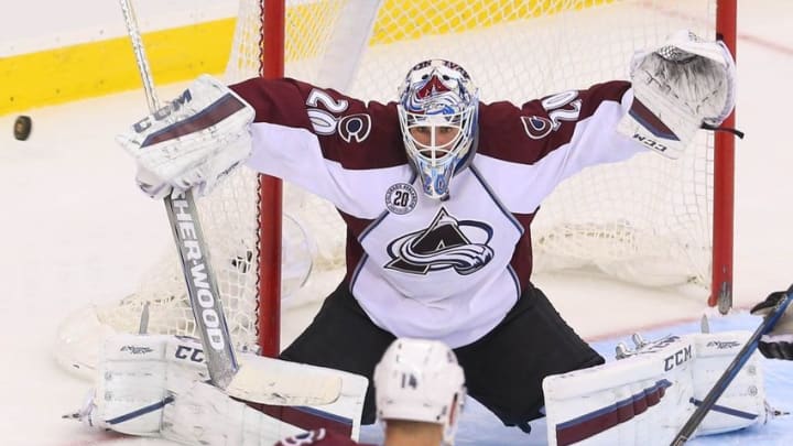 Dec 1, 2015; Newark, NJ, USA; Colorado Avalanche goalie Reto Berra (20) looks for the puck during the third period at Prudential Center. The Avalanche defeated the Devils 2-1. Mandatory Credit: Ed Mulholland-USA TODAY Sports