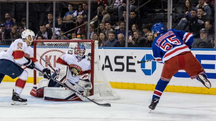 NEW YORK, NY - NOVEMBER 10: New York Rangers Defenceman Ryan Lindgren (55) nets his first career goal during an Eastern Conference match-up between the Florida Panthers and the New York Rangers on November 10, 2019, at Madison Square Garden in New York, NY. (Photo by David Hahn/Icon Sportswire via Getty Images)