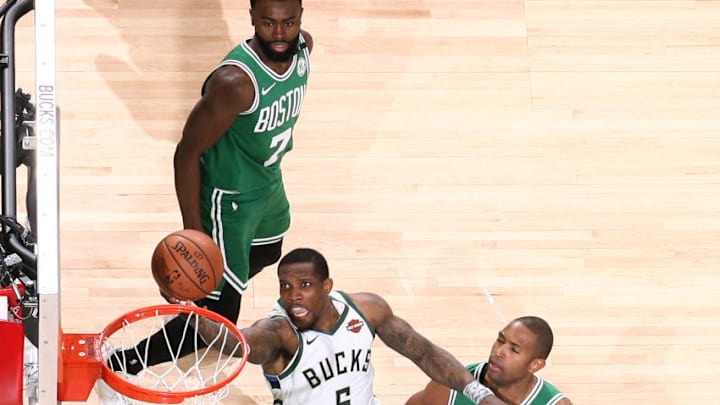 MILWAUKEE, WI - APRIL 30: Eric Bledsoe #6 of the Milwaukee Bucks shoots the ball against the Boston Celtics during Game Two of the Eastern Conference Semi Finals of the 2019 NBA Playoffs on April 30, 2019 at the Fiserv Forum Center in Milwaukee, Wisconsin. NOTE TO USER: User expressly acknowledges and agrees that, by downloading and or using this Photograph, user is consenting to the terms and conditions of the Getty Images License Agreement. Mandatory Copyright Notice: Copyright 2019 NBAE (Photo by Nathaniel S. Butler/NBAE via Getty Images).