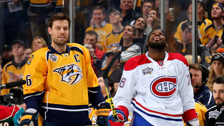 NASHVILLE, TN - JANUARY 30: Shea Weber #6 of the Nashville Predators and P.K. Subban #76 of the Montreal Canadiens look on in the AMP Energy NHL Hardest Shot during the 2016 Honda NHL All-Star Skill Competition at Bridgestone Arena on January 30, 2016 in Nashville, Tennessee. (Photo by Bruce Bennett/Getty Images)