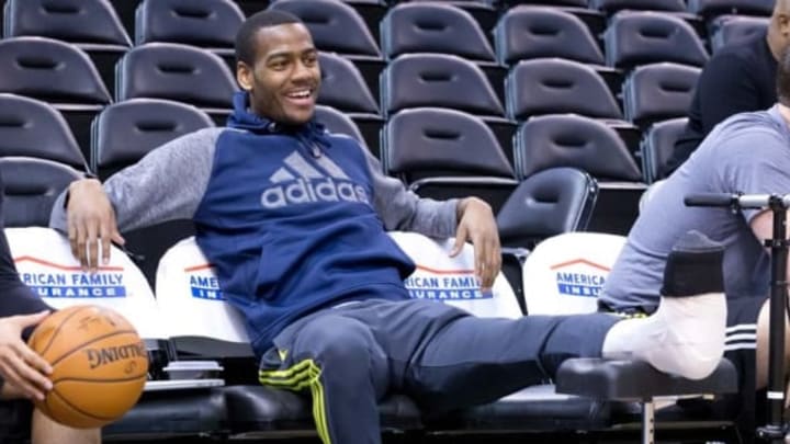 Jan 2, 2016; Salt Lake City, UT, USA; Utah Jazz guard Alec Burks (10) sits courtside during warm-ups prior to the game against the Memphis Grizzlies at Vivint Smart Home Arena. Mandatory Credit: Russ Isabella-USA TODAY Sports