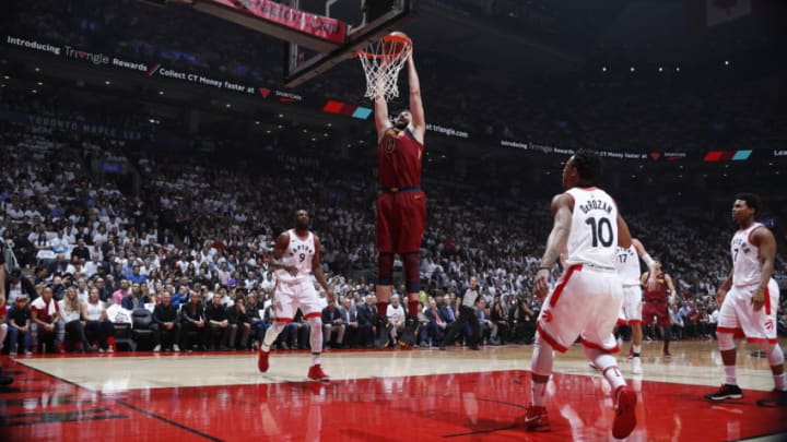 TORONTO, CANADA - MAY 3: Kevin Love #0 of the Cleveland Cavaliers dunks the ball against the Toronto Raptors in Game Two of the Eastern Conference Semifinals during the 2018 NBA Playoffs on May 3, 2018 at the Air Canada Centre in Toronto, Ontario, Canada. NOTE TO USER: User expressly acknowledges and agrees that, by downloading and/or using this photograph, user is consenting to the terms and conditions of the Getty Images License Agreement. Mandatory Copyright Notice: Copyright 2018 NBAE (Photo by Mark Blinch/NBAE via Getty Images)