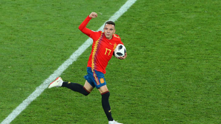 KALININGRAD, RUSSIA - JUNE 25: Iago Aspas of Spain celebrates after scoring his team's second goal during the 2018 FIFA World Cup Russia group B match between Spain and Morocco at Kaliningrad Stadium on June 25, 2018 in Kaliningrad, Russia. (Photo by Alex Livesey/Getty Images)